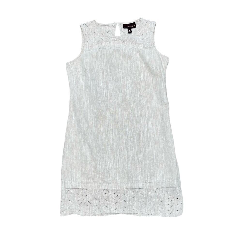 DANA BUCHMAN Linen Blend Beige Eyelet Trim Dress Size 8